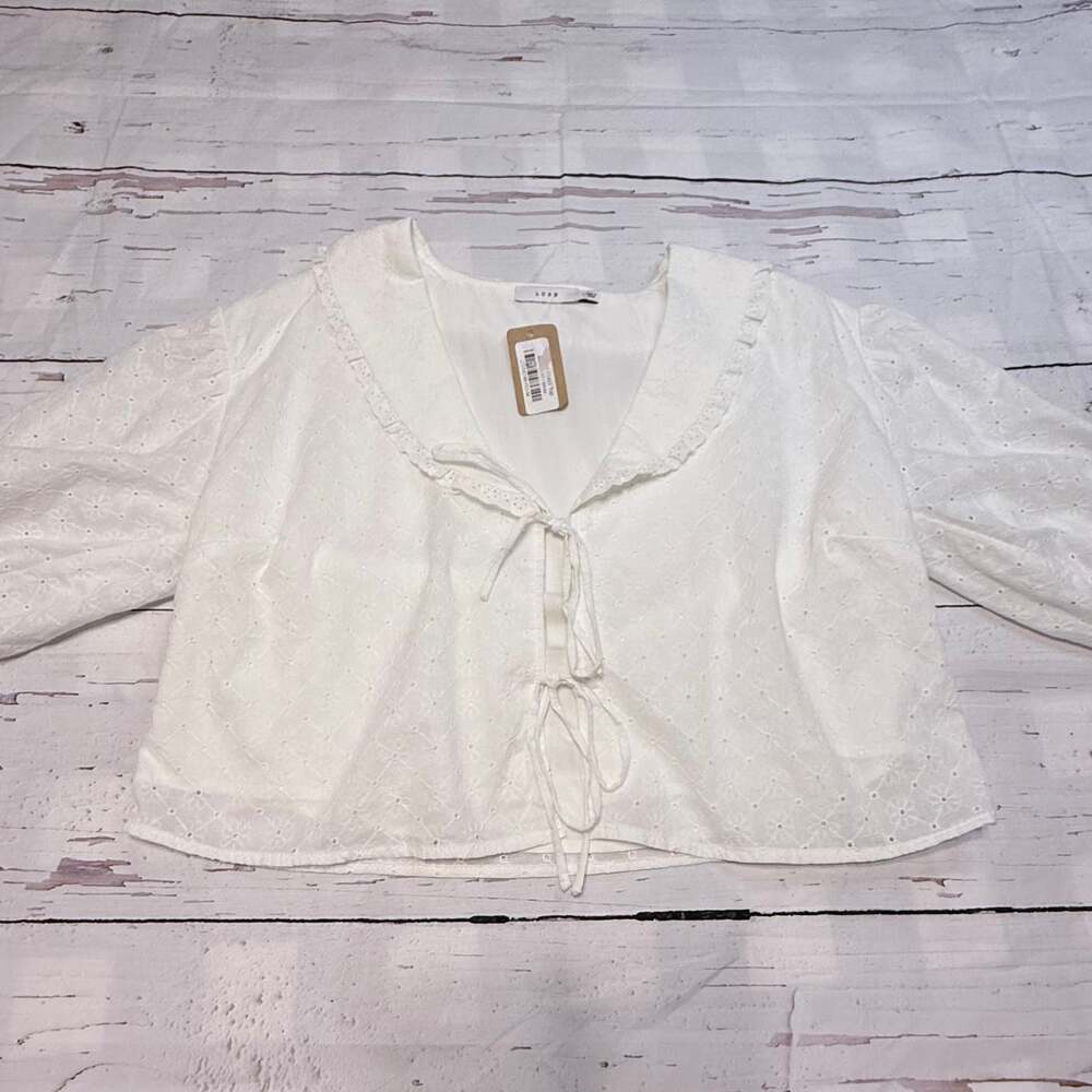 Lush Eyelet Ruffle Tie Front Cotton Top In White Sz M NWT